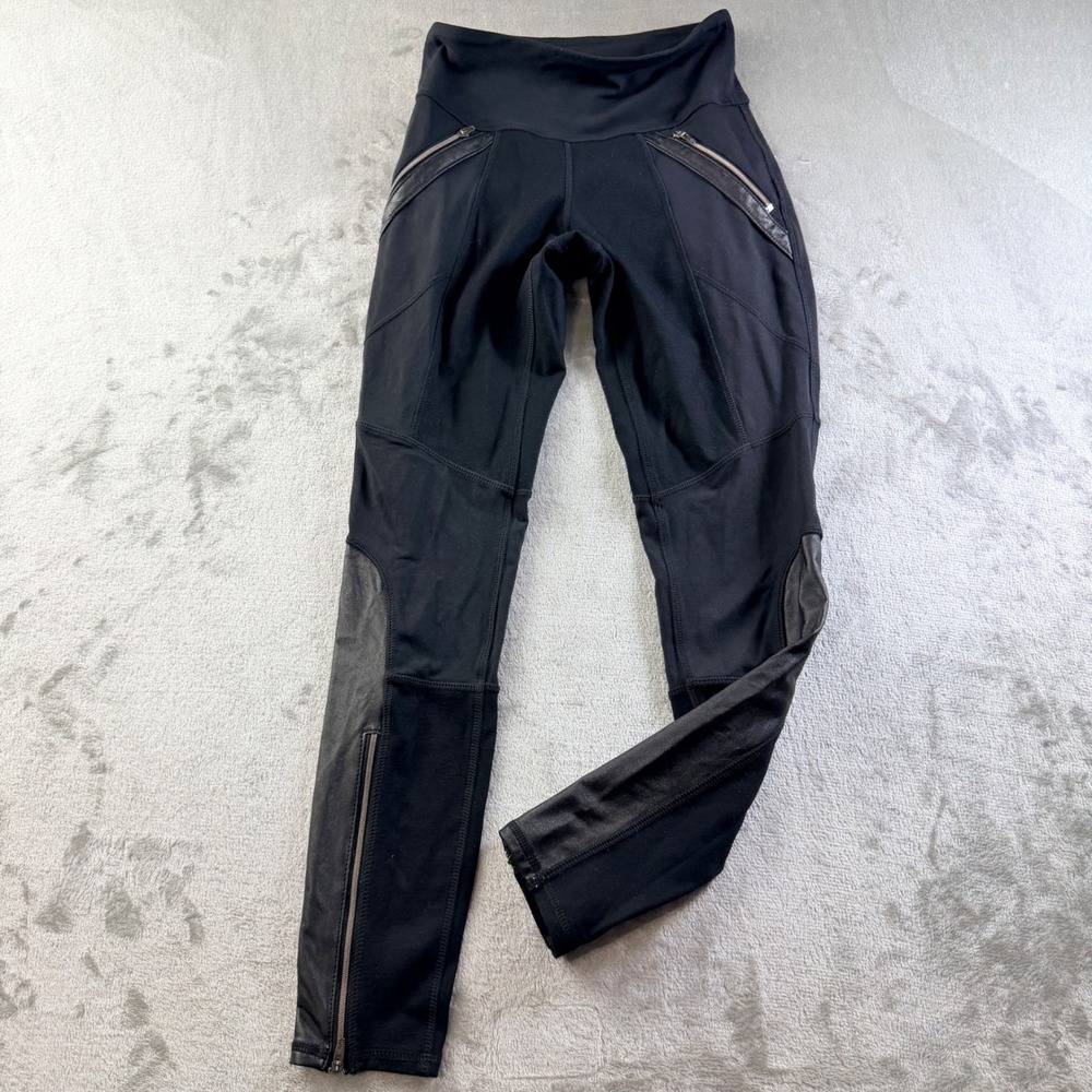 Athleta High Rise Faux Leather Panel Leggings Black Zipper Pockets Women's XS